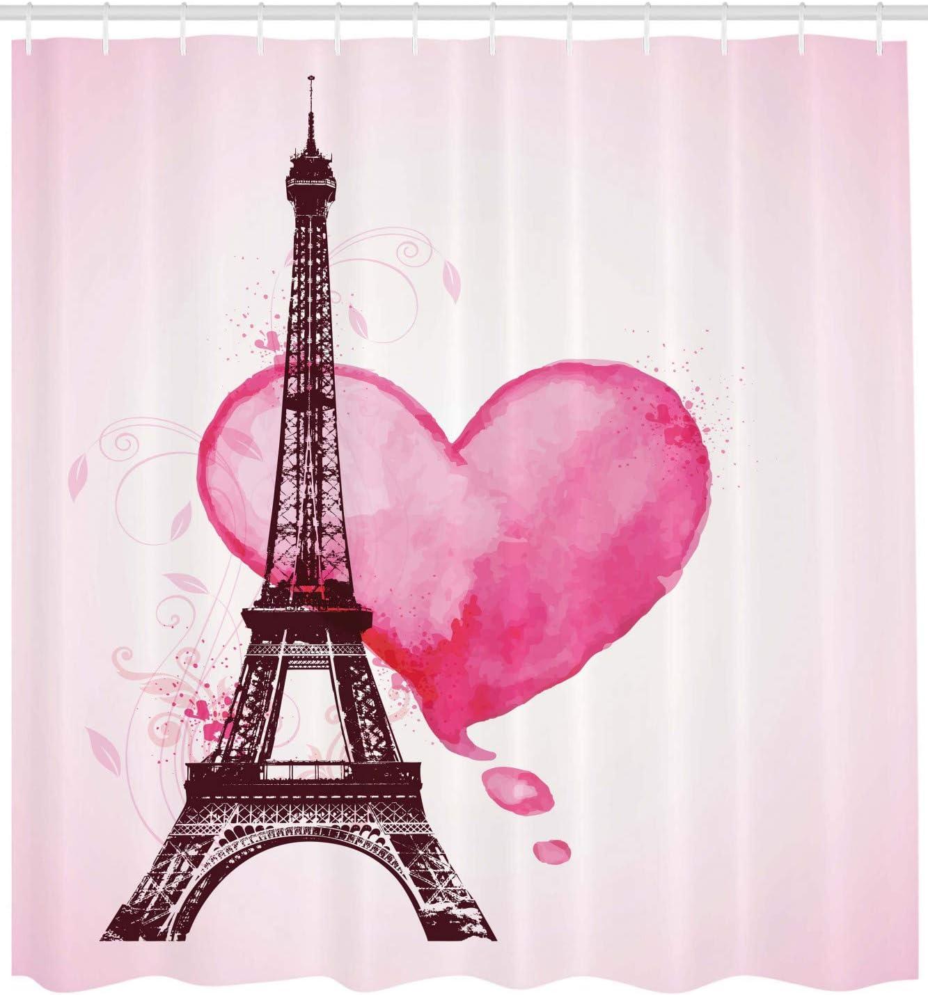 imageAmbesonne Eiffel Tower Shower Curtain Eiffel Romantic Valentine Love Watercolor Theme Heart Leaf Silhouette Print Cloth Fabric Bathroom Decor Set with Hooks 69 W x 84 L Fuchsia Brown