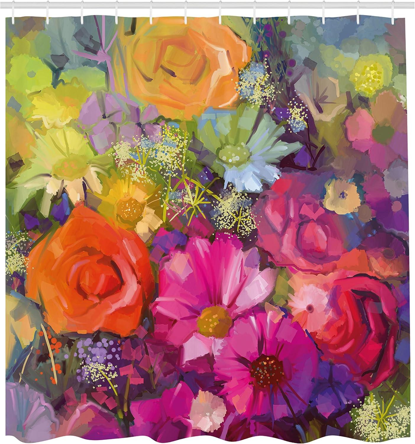 imageAmbesonne Floral Shower Curtain Vibrant Flower Bouquet with Daisy Peony Gerbera Petals Romantic Arrangement Print Cloth Fabric Bathroom Decor Set with Hooks 69 W x 75 L Multicolor Orange