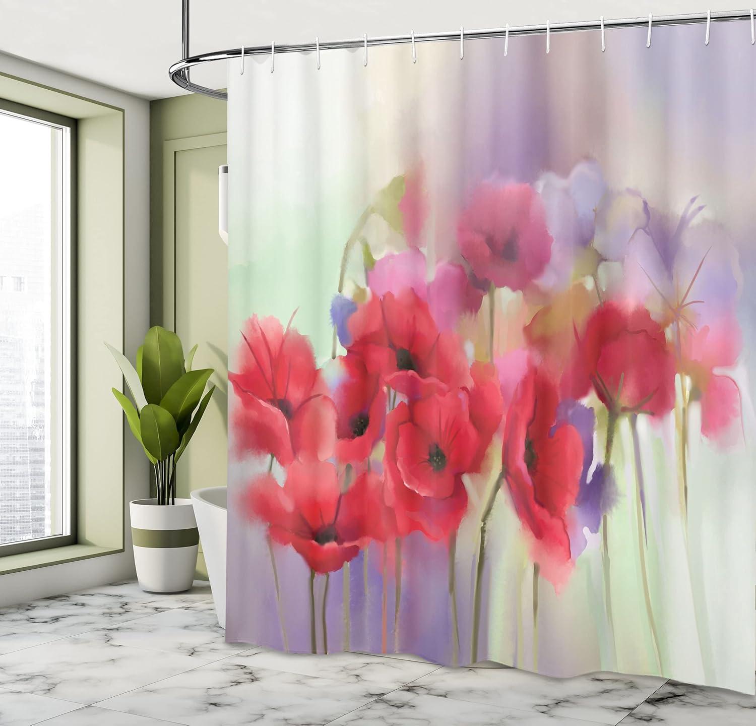 imageAmbesonne Flower Shower Curtain Poppy Flowers Blur Spring Floral Seasonal Romantic Illustration Print Cloth Fabric Bathroom Decor Set with Hooks 69 W x 70 L Lavender and Red