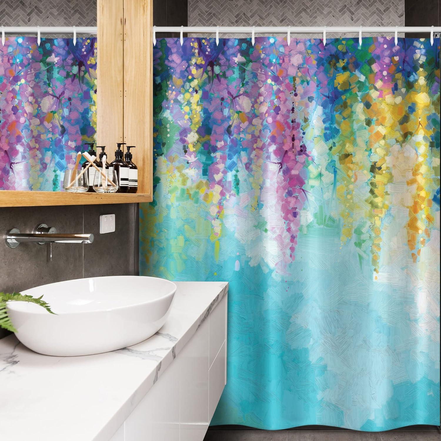 imageAmbesonne Flower Stall Shower Curtain Abstract Ivy Romantic and Landscape Spring Floral Art Nature Theme Fabric Bathroom Decor Set with Hooks 54 W x 78 L Sea Blue Sky Blue Off White