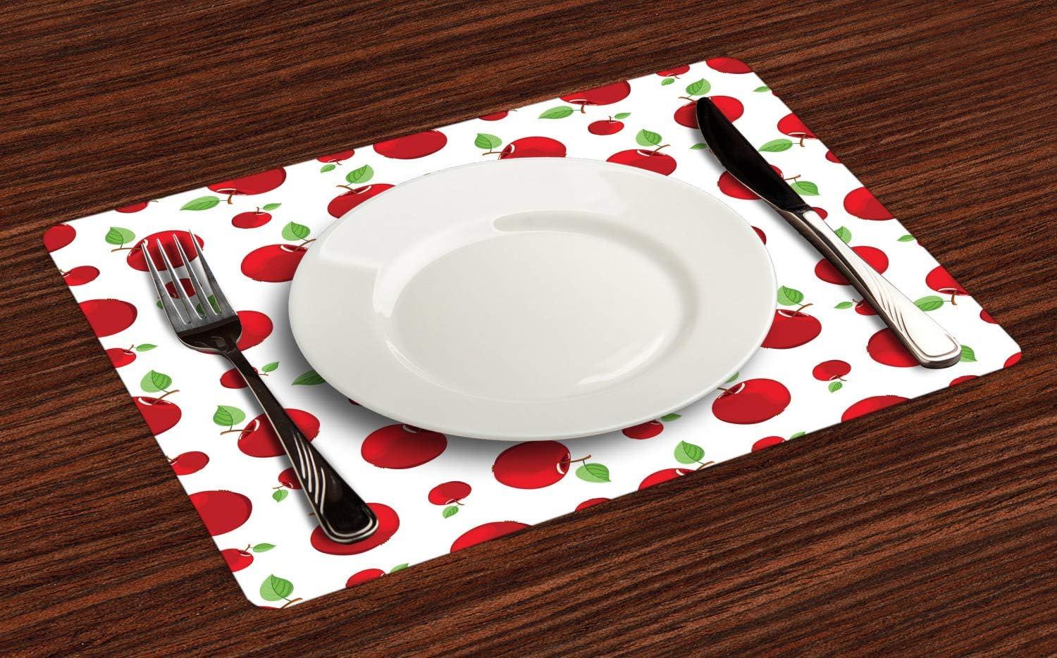 imageAmbesonne Fruits Place Mats Set of 4 Warm Colored Cartoon Style Red Apples Taste Food Garden Summer Eats Washable Fabric Placemats for Dining Table Standard Size White Green and Dark Pink