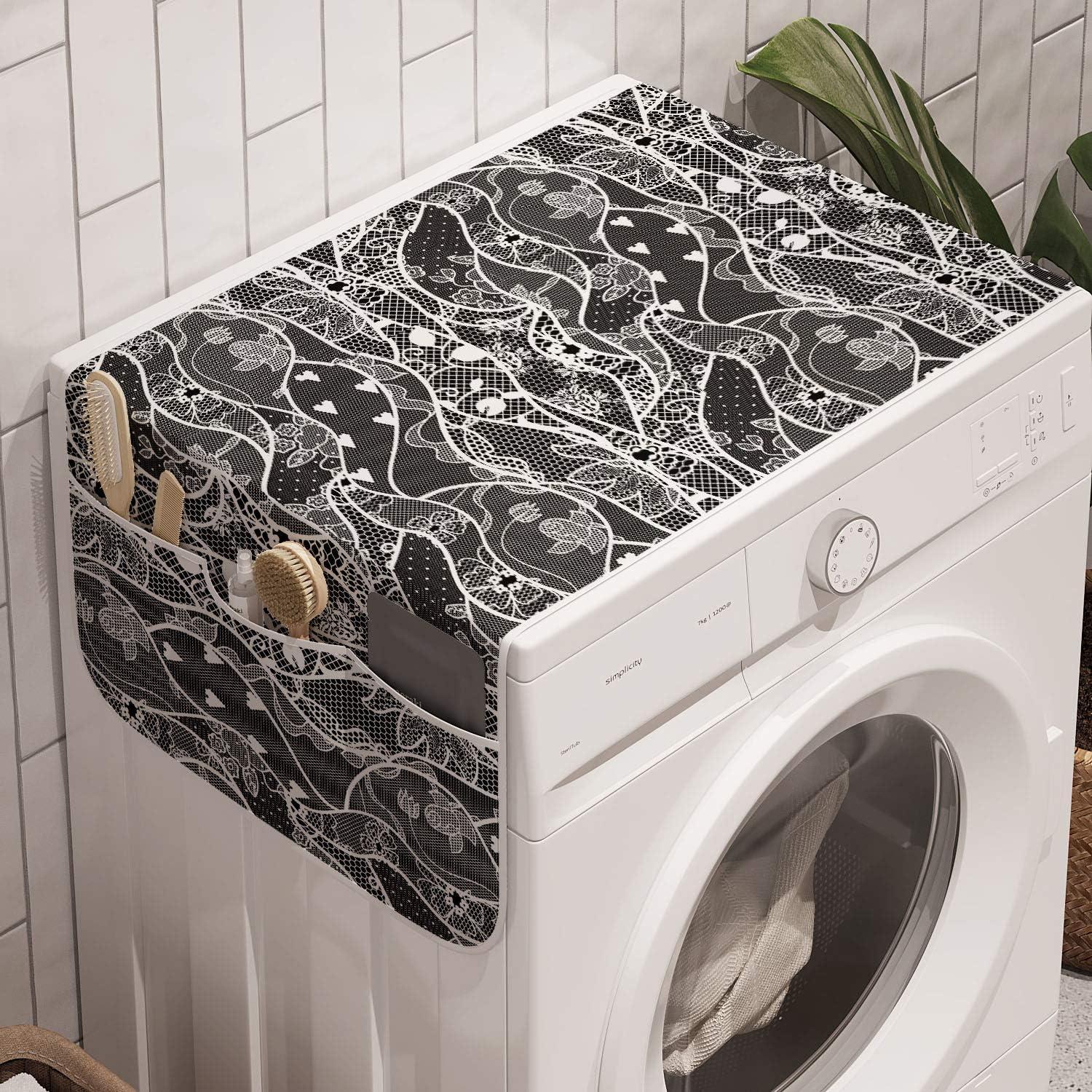 imageAmbesonne Gothic Microwave Oven Cover Vintage Royal Composition with Rose Flowers and Hearts Valentines Day Inspired Water Resistant Organizer with Pockets for Kitchen 36 x 12 Black WhiteBlack White