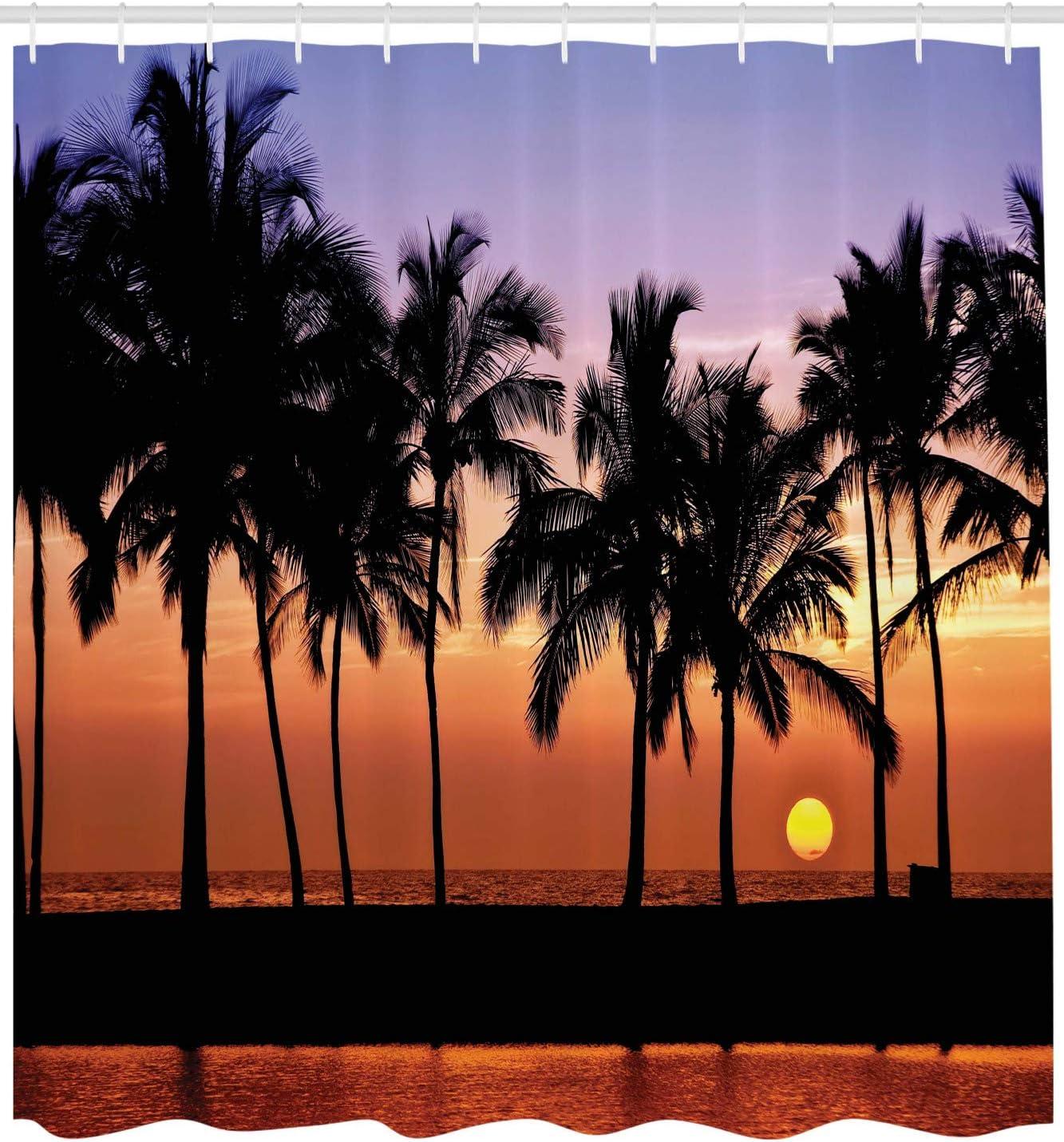 imageAmbesonne Hawaiian Shower Curtain Hawaiian Sunset on Big Island Anaehoomalu Bay Ocean Romantic Resort Cloth Fabric Bathroom Decor Set with Hooks 69 W x 70 L Lilac Dark Orange Black
