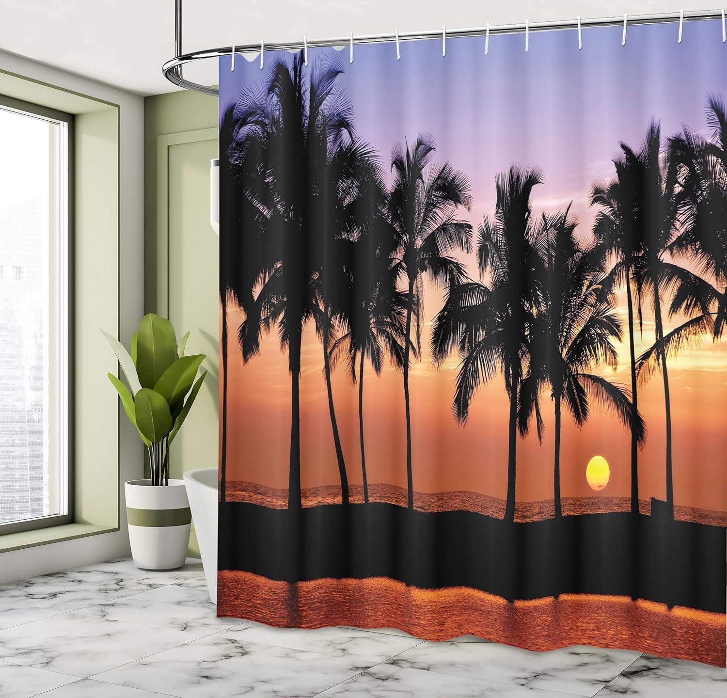 imageAmbesonne Hawaiian Shower Curtain Hawaiian Sunset on Big Island Anaehoomalu Bay Ocean Romantic Resort Cloth Fabric Bathroom Decor Set with Hooks 69 W x 84 L Lilac Dark Orange Black