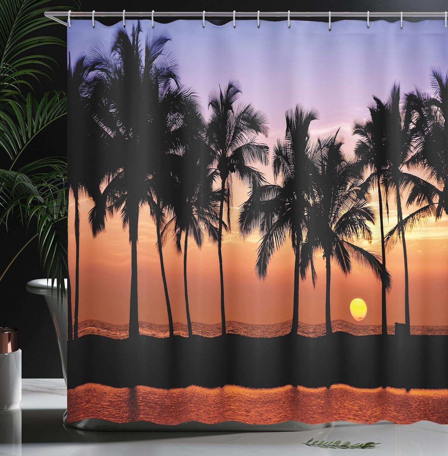 imageAmbesonne Hawaiian Shower Curtain Hawaiian Sunset on Big Island Anaehoomalu Bay Ocean Romantic Resort Cloth Fabric Bathroom Decor Set with Hooks 69 W x 84 L Lilac Dark Orange Black