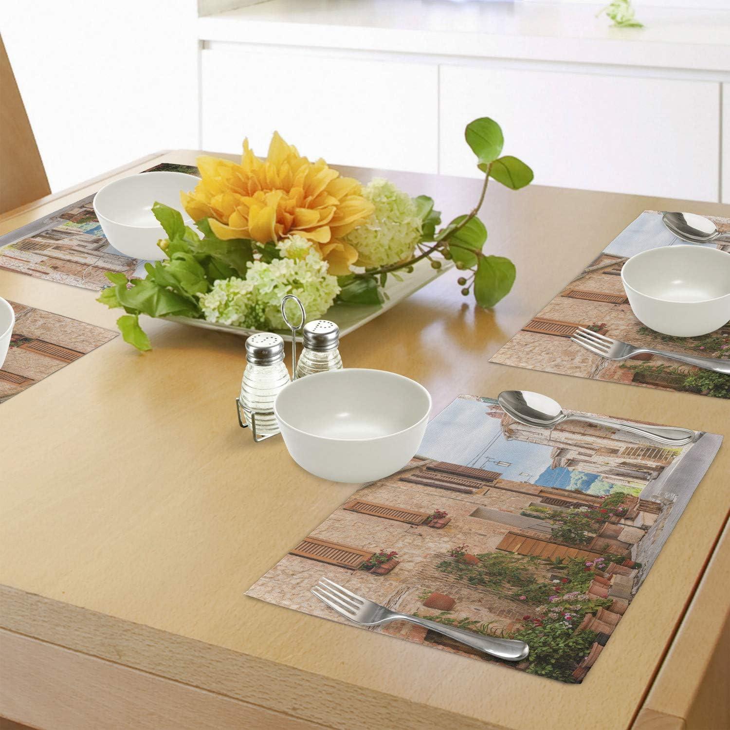 imageAmbesonne Mediterranean Place Mats Set of 4 Medieval Old Town in Tuscany Mediterranean Historic Culture Village Town Stone Photo Washable Fabric Placemats for Dining Table Standard Size Tan
