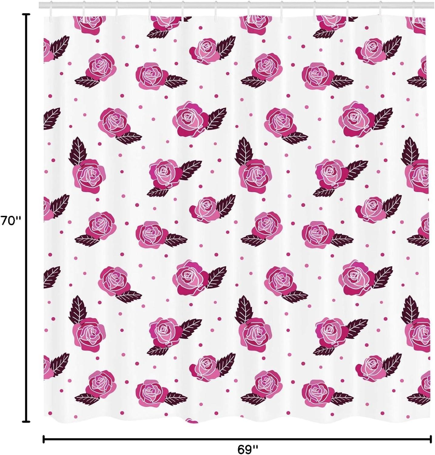 imageAmbesonne Romantic Shower Curtain Floral Theme Rose Motifs with Dots and Leaves Natural Art Cloth Fabric Bathroom Decor Set with Hooks 69 W x 70 L Pink Dark Magenta and Dark Fuchsia