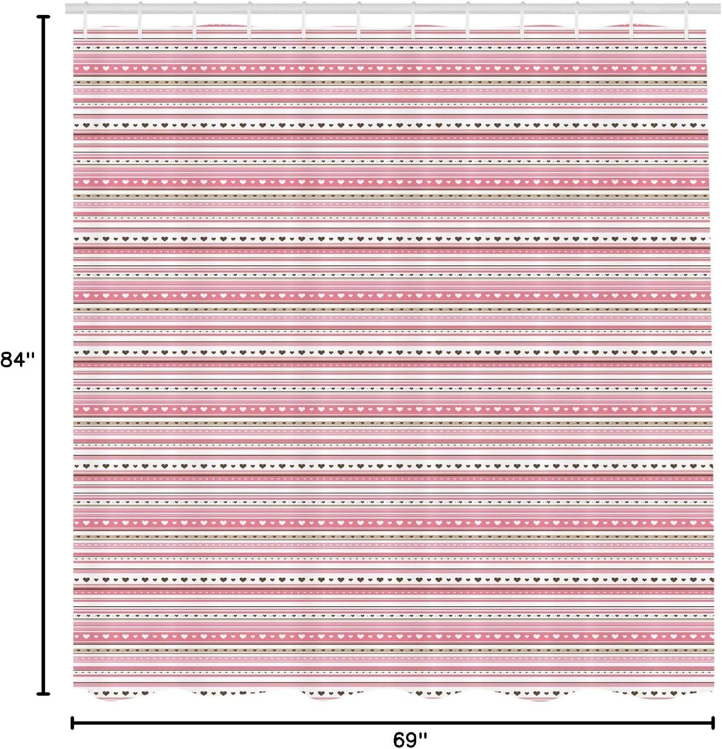 imageAmbesonne Romantic Shower Curtain Horizontal Striped Pattern with Hearts and Dots Feminine Modern Cloth Fabric Bathroom Decor Set with Hooks 69 W x 84 L Pale Pink Dark Brown Tan