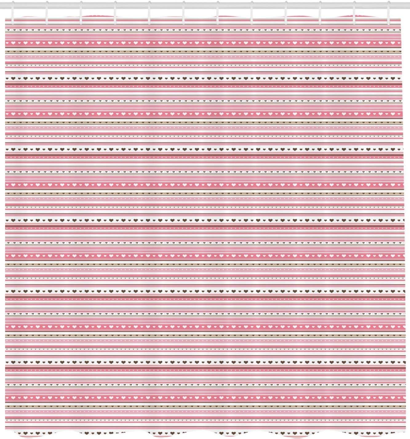 imageAmbesonne Romantic Shower Curtain Horizontal Striped Pattern with Hearts and Dots Feminine Modern Cloth Fabric Bathroom Decor Set with Hooks 69 W x 84 L Pale Pink Dark Brown Tan