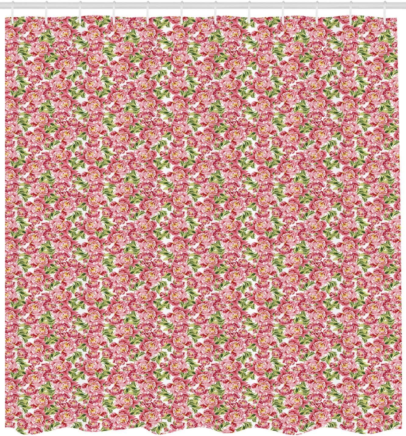imageAmbesonne Romantic Shower Curtain Vintage Inspired Peonies with Fresh Vibrant Spring Season Foliage Leaves Cloth Fabric Bathroom Decor Set with Hooks 69 W x 84 L Pale Pink Fern Green