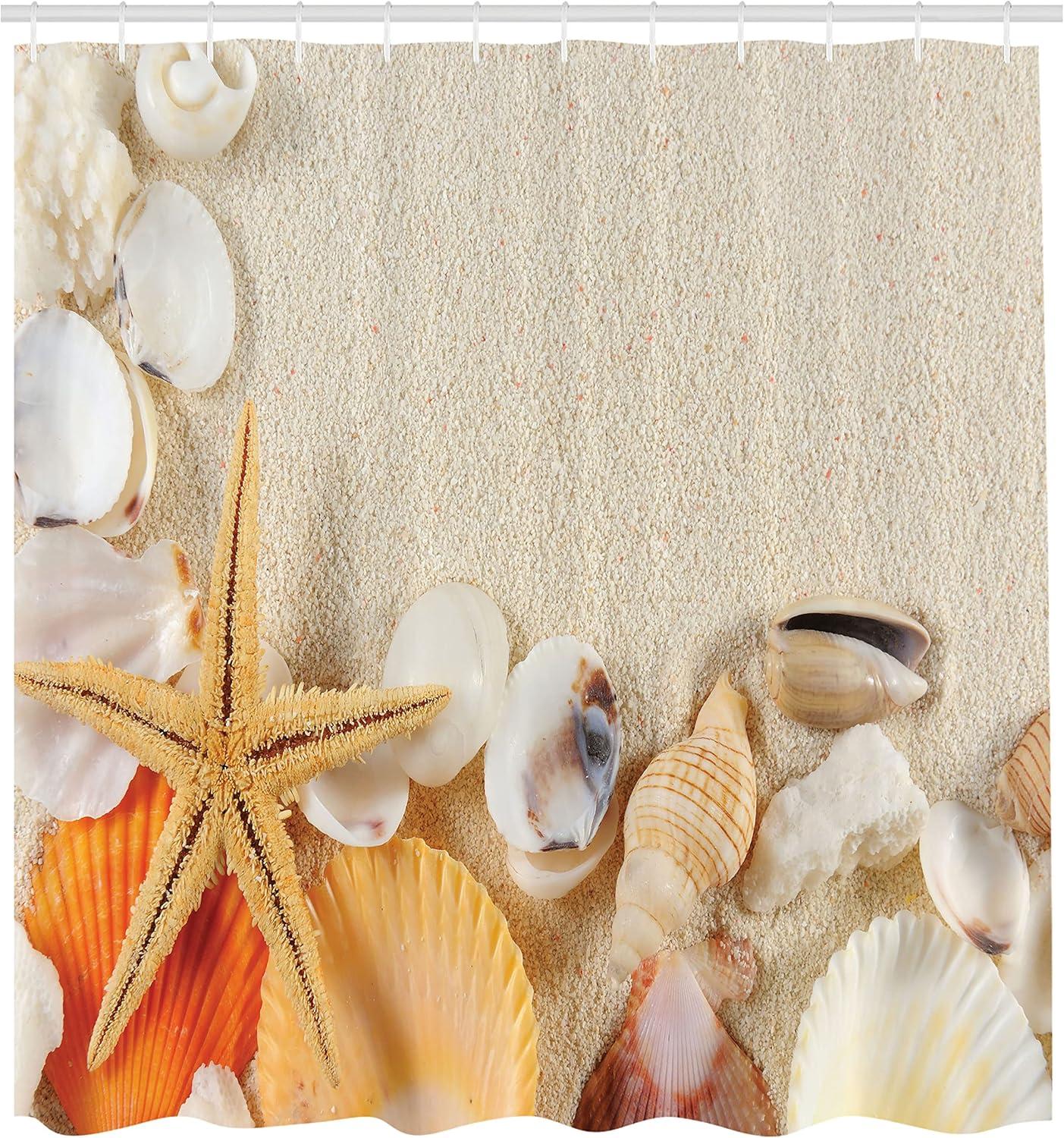 imageAmbesonne Seashells Shower Curtain Group of Seashells Starfish on The Sand Romantic Travel Destination Nature Cloth Fabric Bathroom Decor Set with Hooks 69 W x 70 L Beige Ivory Cream