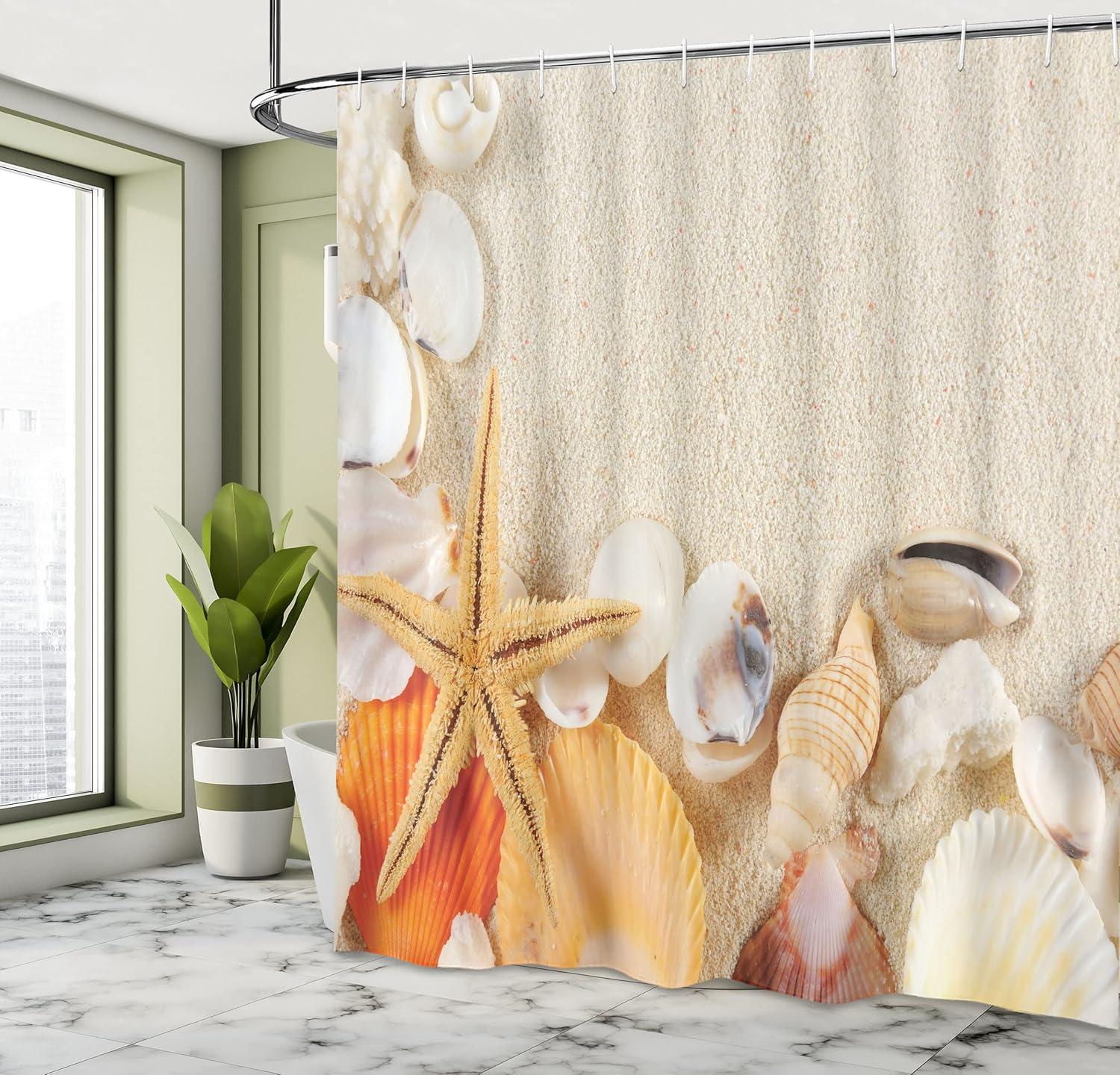 imageAmbesonne Seashells Shower Curtain Group of Seashells Starfish on The Sand Romantic Travel Destination Nature Cloth Fabric Bathroom Decor Set with Hooks 69 W x 70 L Beige Ivory Cream