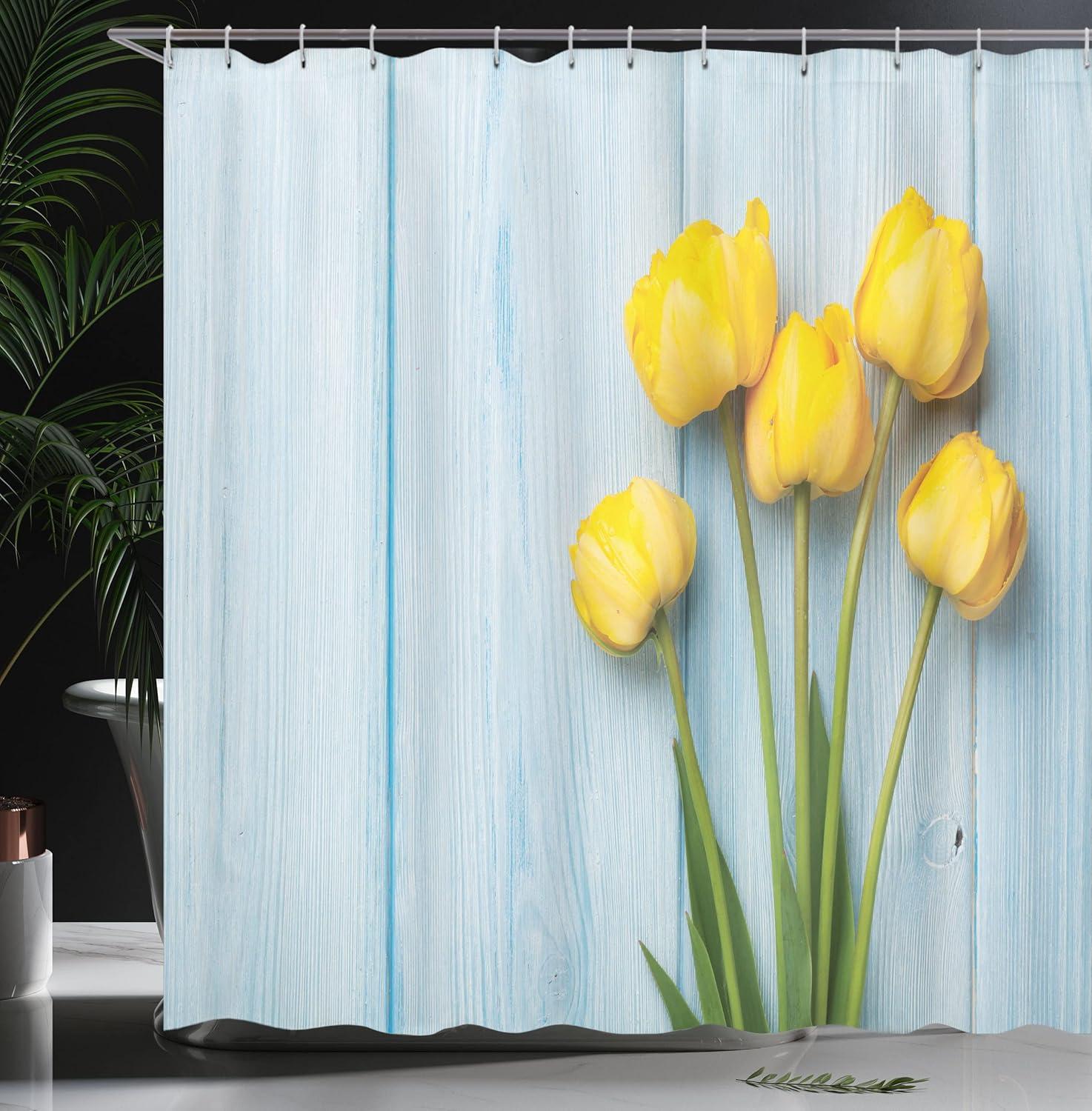 imageAmbesonne Tulip Shower Curtain Yellow Flowers on Old Wooden Rustic Background Valentines Romantic Theme Cloth Fabric Bathroom Decor Set with Hooks 69 W x 75 L Yellow Green Pale Blue