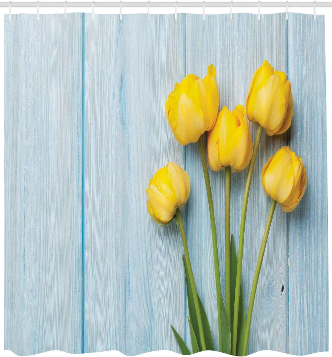 imageAmbesonne Tulip Shower Curtain Yellow Flowers on Old Wooden Rustic Background Valentines Romantic Theme Cloth Fabric Bathroom Decor Set with Hooks 69 W x 75 L Yellow Green Pale Blue