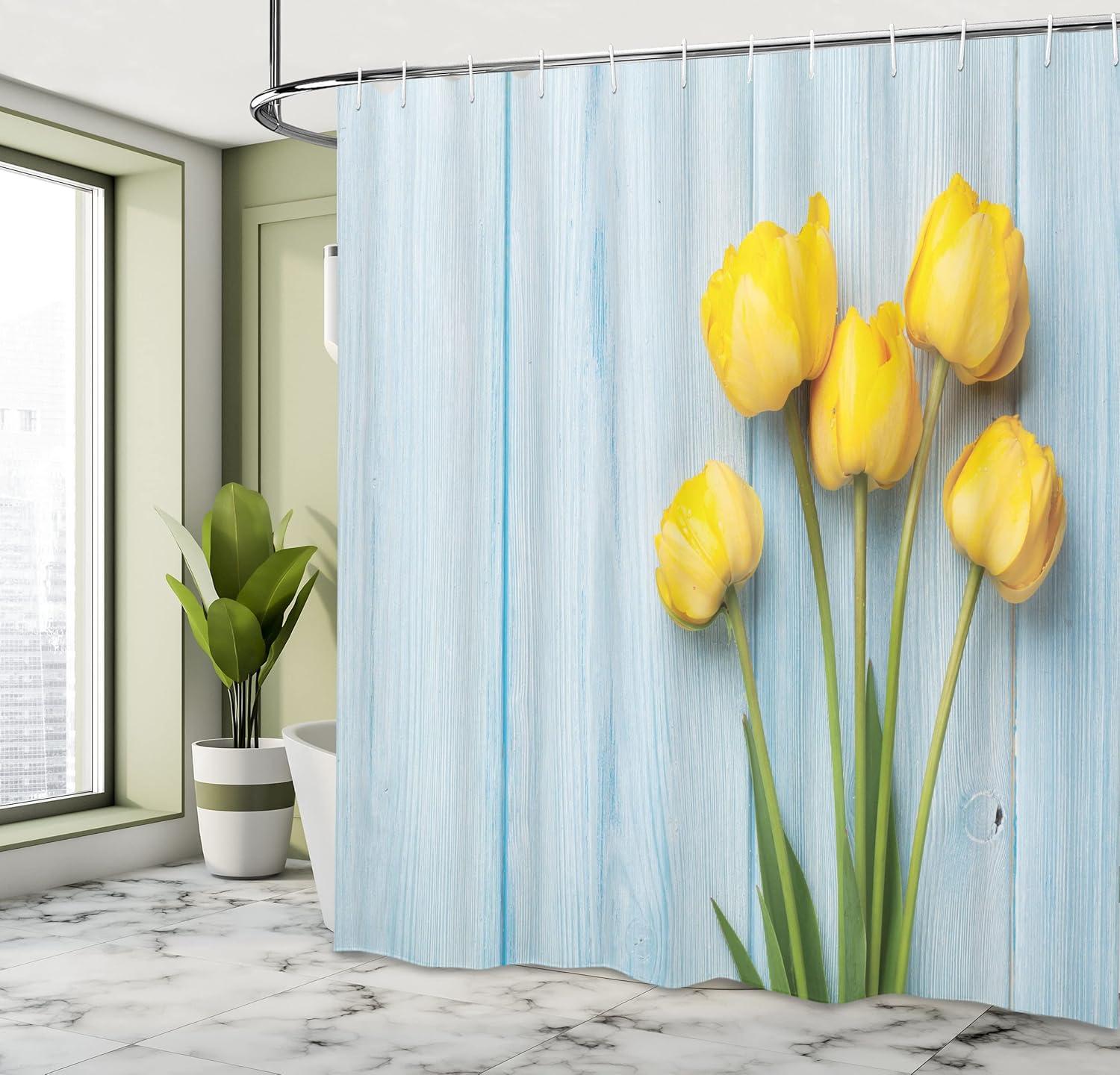 imageAmbesonne Tulip Shower Curtain Yellow Flowers on Old Wooden Rustic Background Valentines Romantic Theme Cloth Fabric Bathroom Decor Set with Hooks 69 W x 75 L Yellow Green Pale Blue