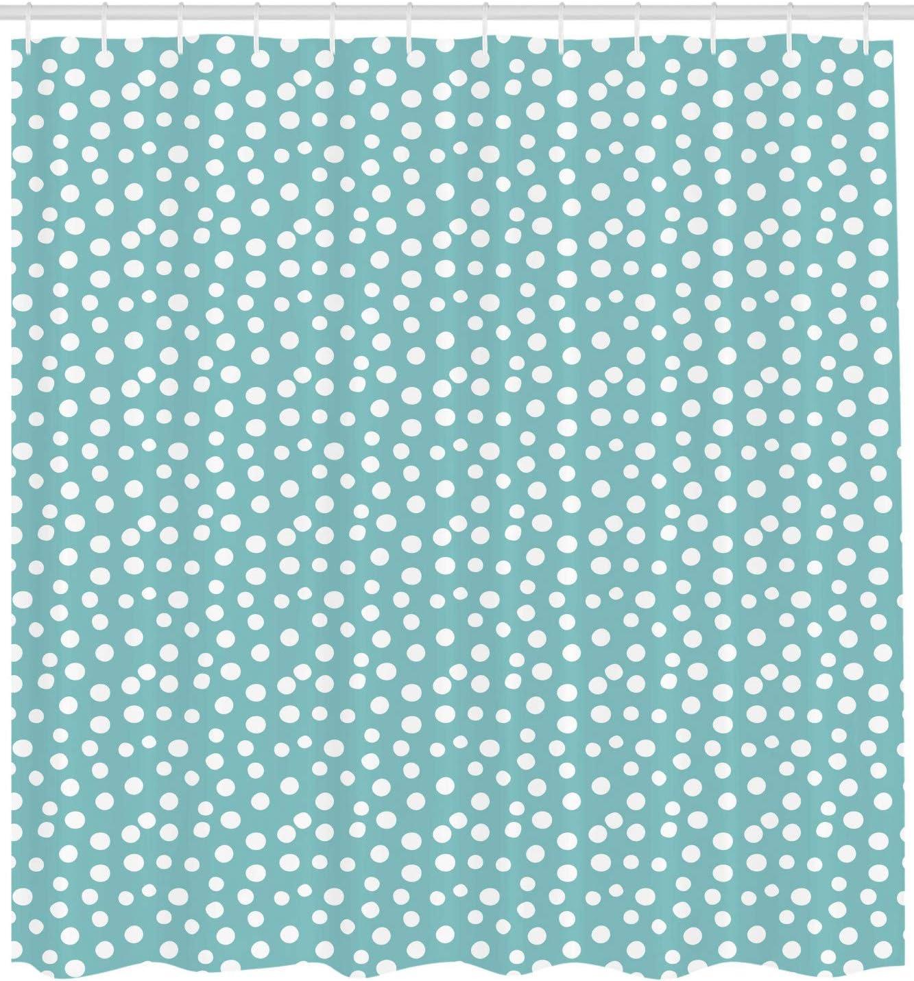 imageAmbesonne Turquoise Shower Curtain Retro Vintage 60s 50s Inspired Geometric Polka Dots Romantic Art Print Cloth Fabric Bathroom Decor Set with Hooks 69 W x 75 L White and Pale Blue