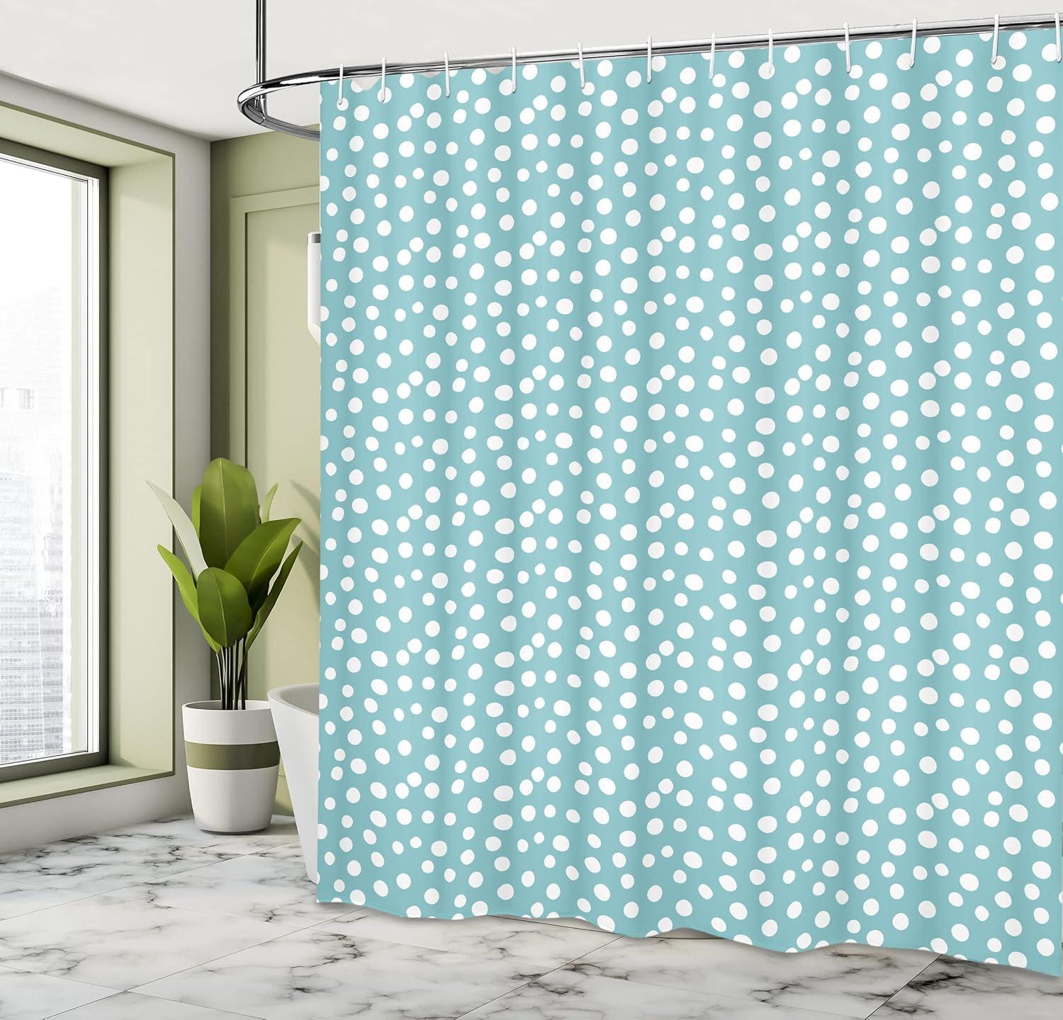 imageAmbesonne Turquoise Shower Curtain Retro Vintage 60s 50s Inspired Geometric Polka Dots Romantic Art Print Cloth Fabric Bathroom Decor Set with Hooks 69 W x 75 L White and Pale Blue
