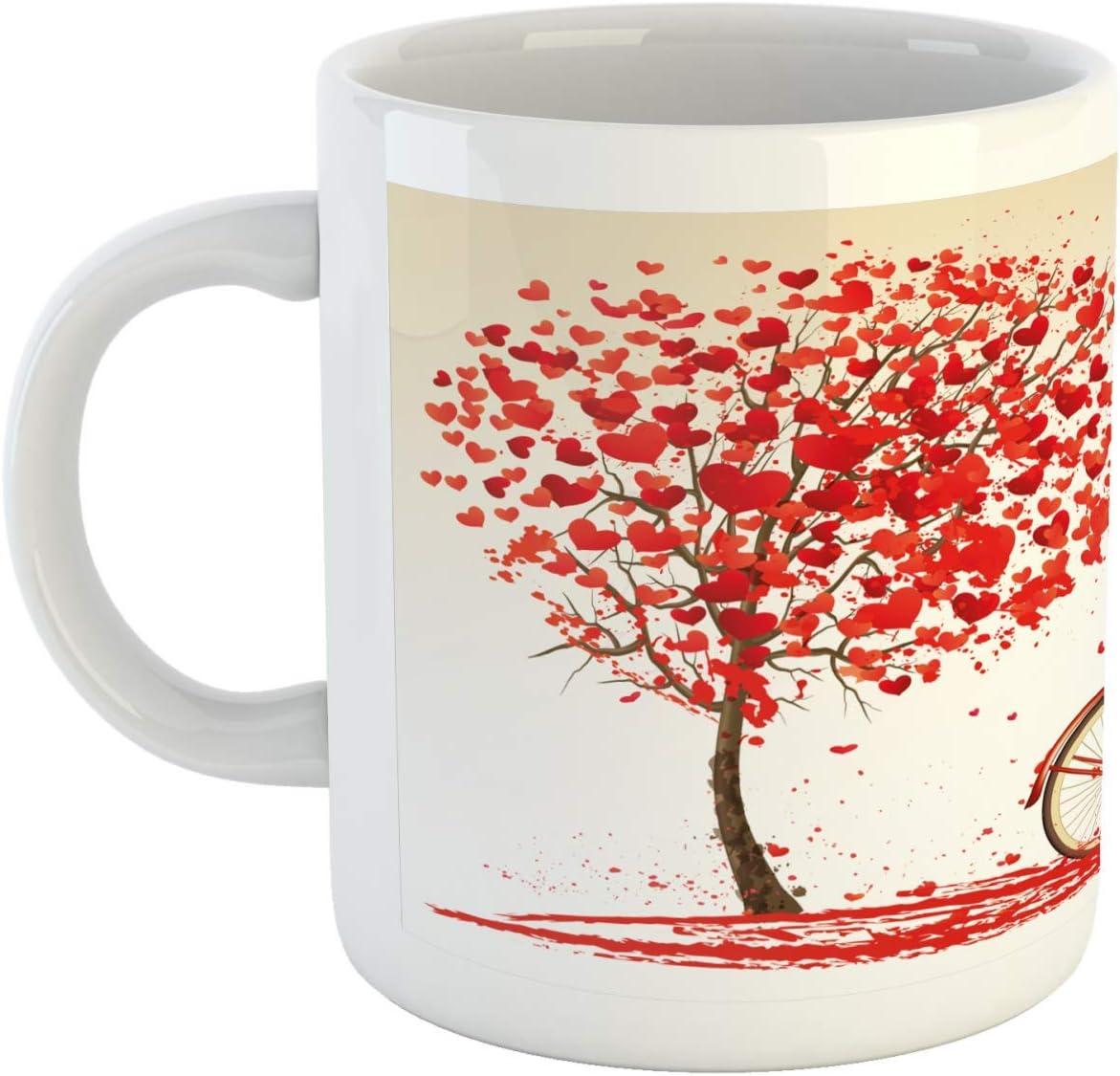 imageAmbesonne Valentines Day Mug Romantic Tree with Blooming Hearts with Bike and Petals Vintage Artwork Ceramic Coffee Mug Cup for Water Tea Drinks 11 oz Cream VermilionCream Vermilion