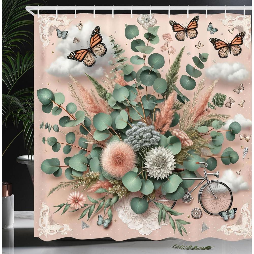 imageAmbesonne Colorful Shower Curtain Retro Design Groovy Valentines Day Hearts Pattern on Plain Back 90s Feeling Cloth Fabric Bathroom Decor Set with Hooks 69 W x 75 L White MulticolorPale Rose Laurel Green
