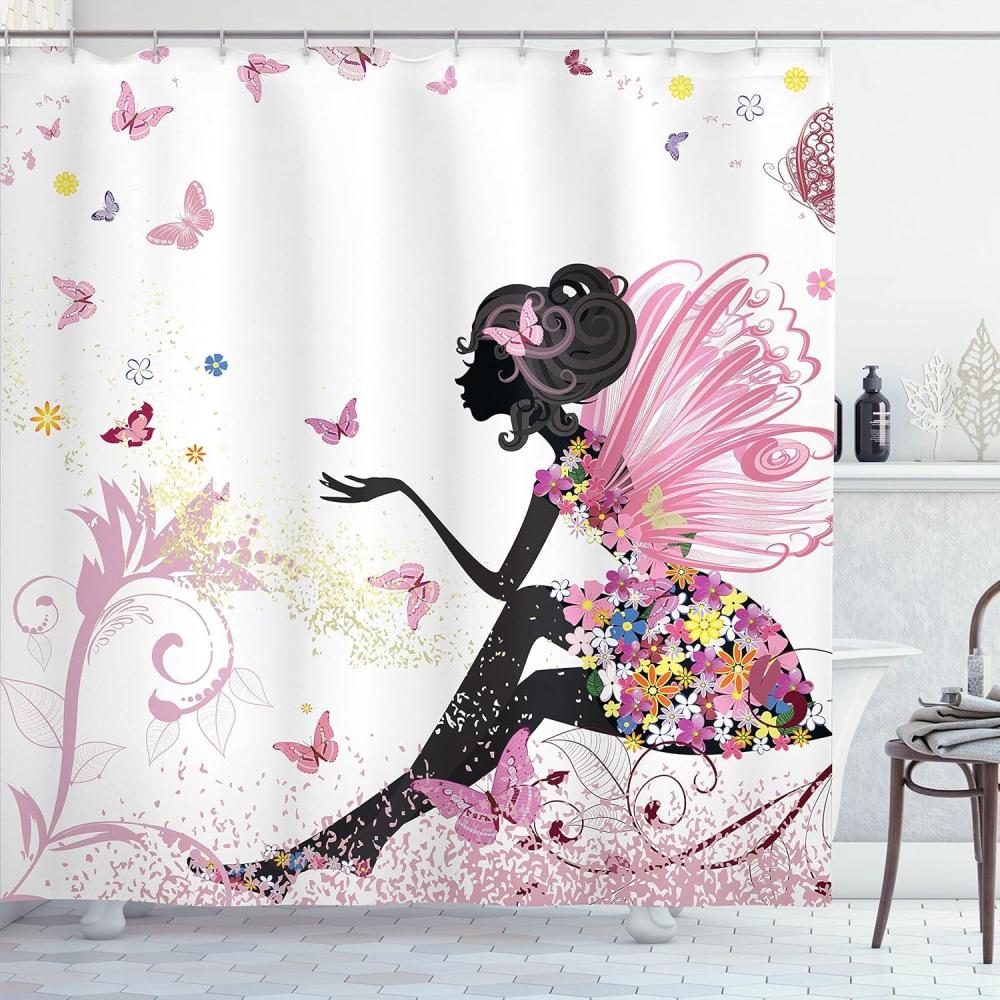 imageAmbesonne Colorful Shower Curtain Retro Design Groovy Valentines Day Hearts Pattern on Plain Back 90s Feeling Cloth Fabric Bathroom Decor Set with Hooks 69 W x 75 L White MulticolorPink White