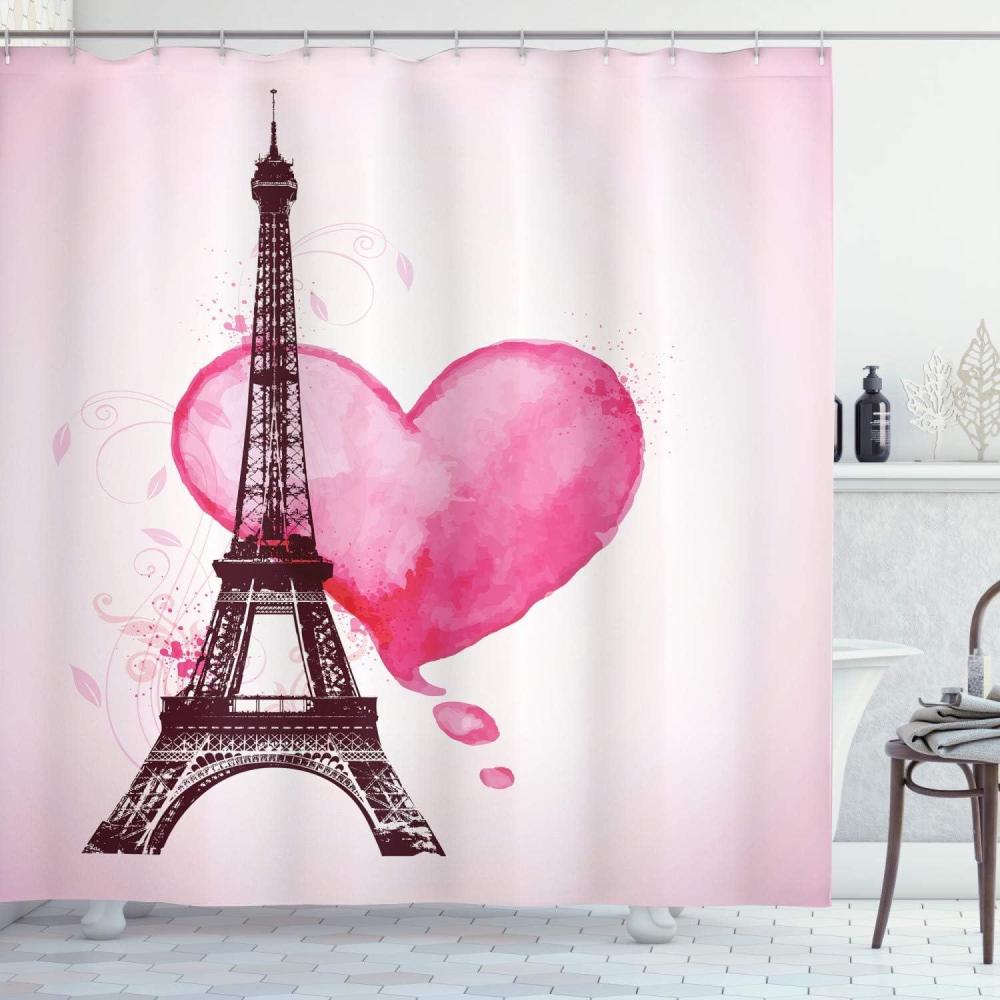 imageAmbesonne Eiffel Tower Shower Curtain Eiffel Romantic Valentine Love Watercolor Theme Heart Leaf Silhouette Print Cloth Fabric Bathroom Decor Set with Hooks 69 W x 84 L Fuchsia Brown