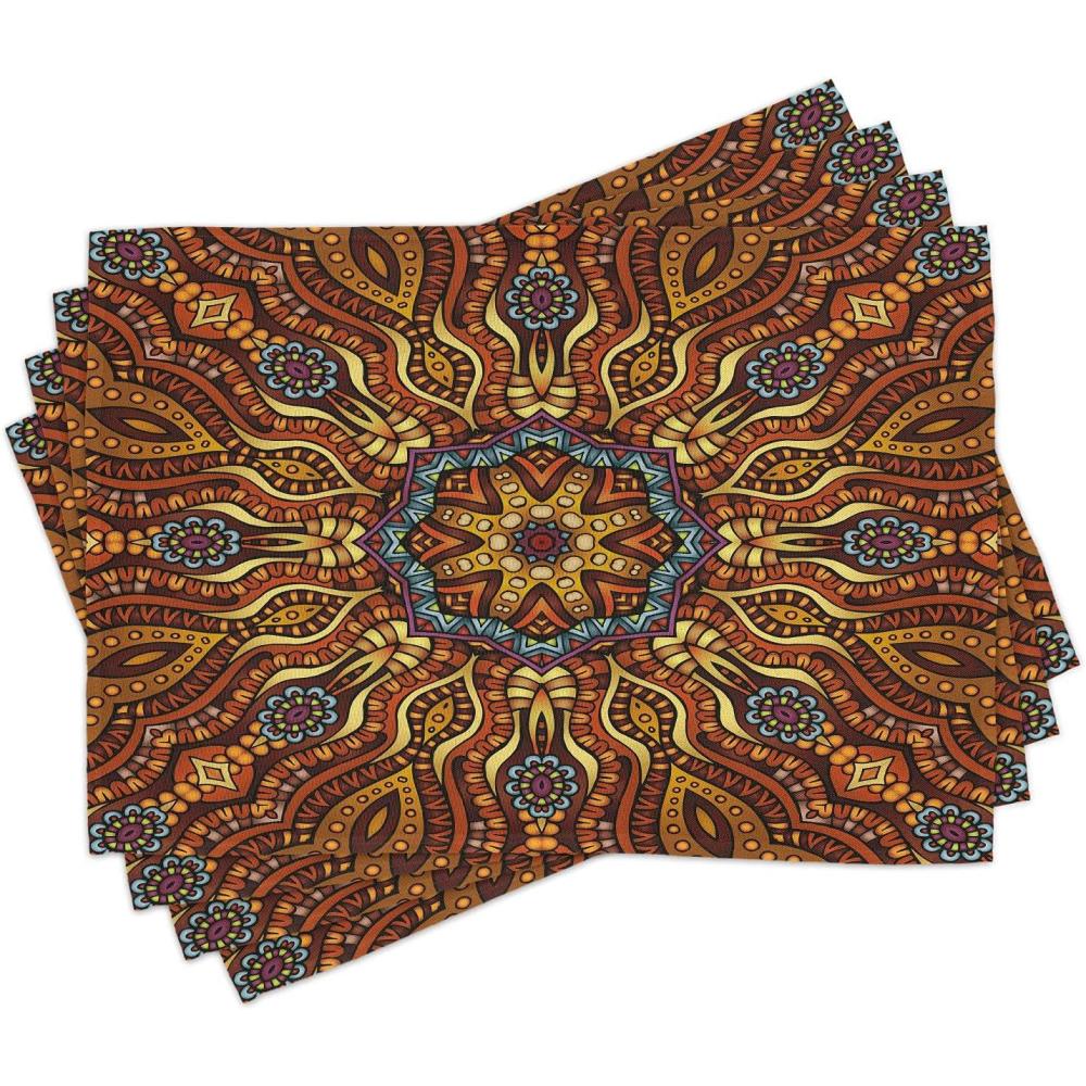 imageAmbesonne Ethnic Place Mats Set of 4 Mosaic Like Warm Colored Design with Floral Swirls Image Print Washable Fabric Placemats for Dining Table Standard Size Yellow Marigold