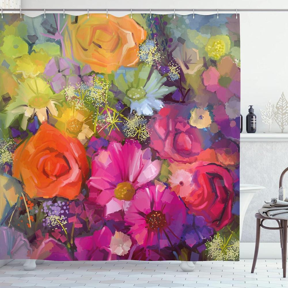 imageAmbesonne Floral Shower Curtain Vibrant Flower Bouquet with Daisy Peony Gerbera Petals Romantic Arrangement Print Cloth Fabric Bathroom Decor Set with Hooks 69 W x 75 L Multicolor Orange