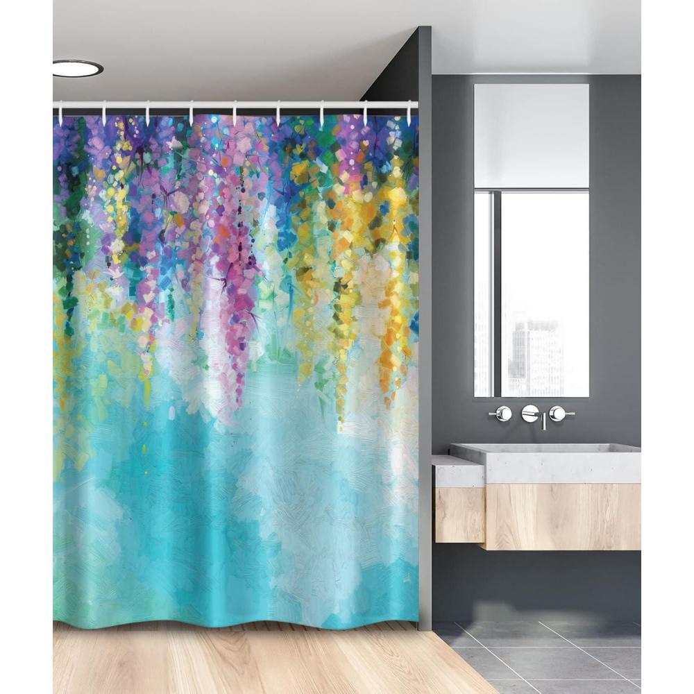 imageAmbesonne Flower Stall Shower Curtain Abstract Ivy Romantic and Landscape Spring Floral Art Nature Theme Fabric Bathroom Decor Set with Hooks 54 W x 78 L Sea Blue Sky Blue Off White