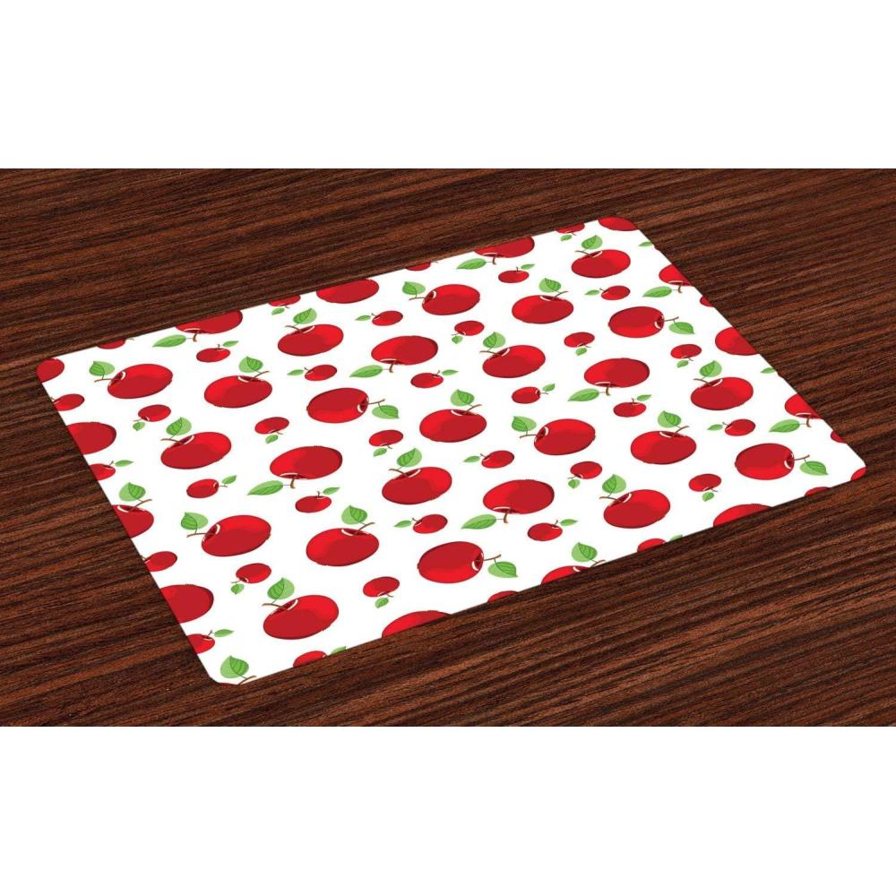 imageAmbesonne Fruits Place Mats Set of 4 Warm Colored Cartoon Style Red Apples Taste Food Garden Summer Eats Washable Fabric Placemats for Dining Table Standard Size White Green and Dark Pink