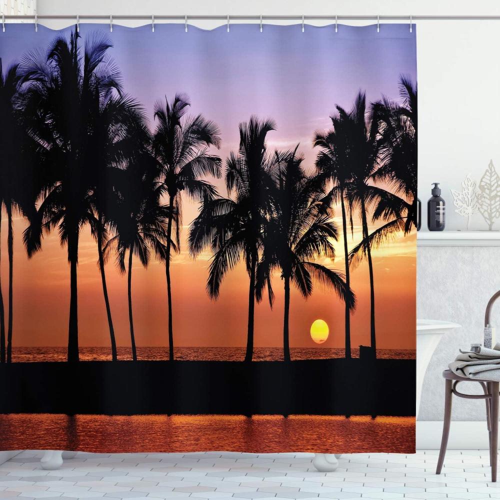 imageAmbesonne Hawaiian Shower Curtain Hawaiian Sunset on Big Island Anaehoomalu Bay Ocean Romantic Resort Cloth Fabric Bathroom Decor Set with Hooks 69 W x 70 L Lilac Dark Orange Black