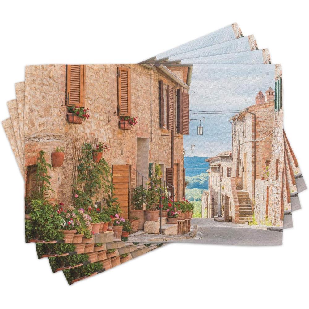 imageAmbesonne Mediterranean Place Mats Set of 4 Medieval Old Town in Tuscany Mediterranean Historic Culture Village Town Stone Photo Washable Fabric Placemats for Dining Table Standard Size Tan