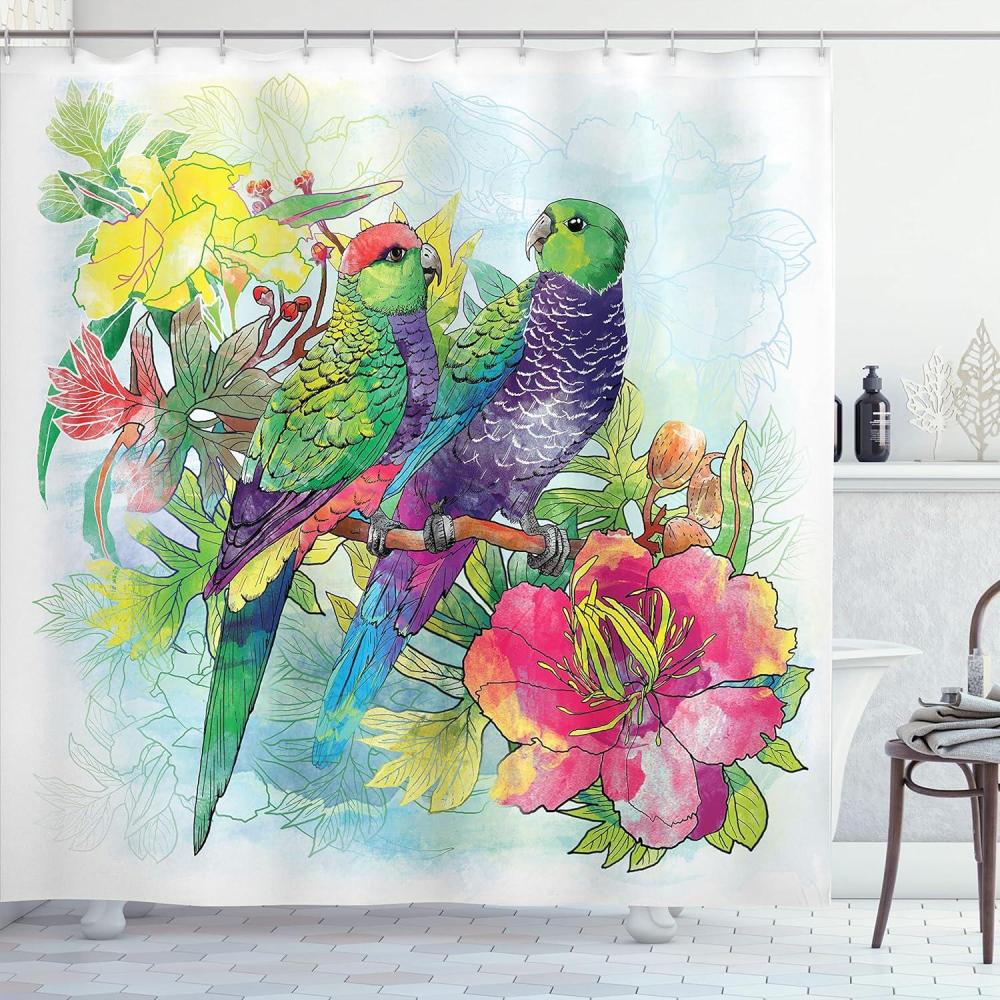 imageAmbesonne Parrot Shower Curtain Faded Flowers and Love Parrots Botanical Flora with Romantic Orchids Wings Boho Art Cloth Fabric Bathroom Decor Set with Hooks 69 W x 70 L Sky Blue