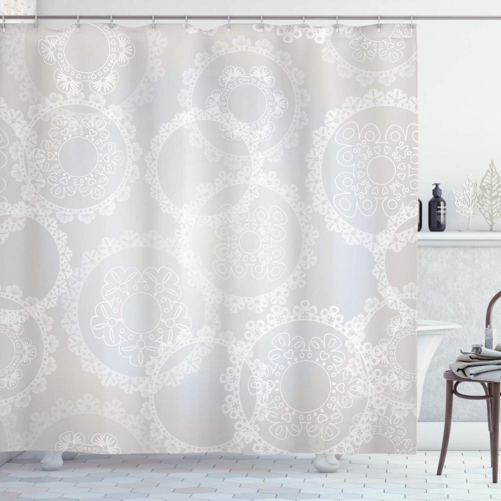 imageAmbesonne Pearls Shower Curtain Circles Lace Doily Pattern Modern and Romantic Bridal Style Design Artwork Print Cloth Fabric Bathroom Decor Set with Hooks 69 W x 84 L Grey White