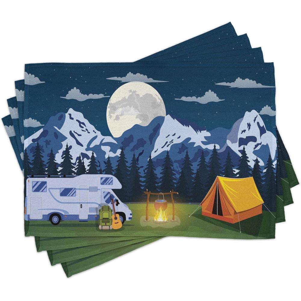 imageAmbesonne RV Place Mats Set of 4 Outdoors Activity Themed Camping Area Image in The Woods with a Cozy Tent and Campfire Washable Fabric Placemats for Dining Table Standard Size Green Blue