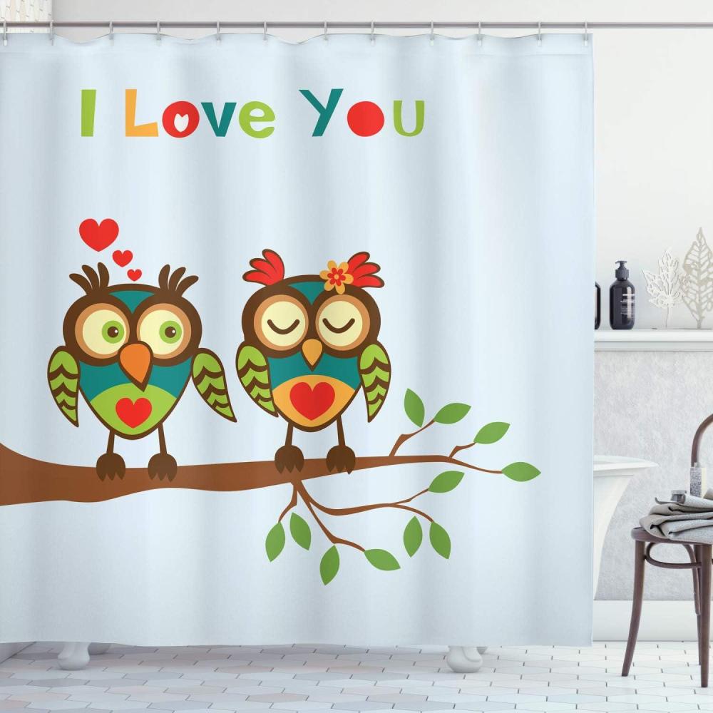 imageAmbesonne Romantic Shower Curtain Colorful Abstract Owls on a Branch with a Words Expressing Affection and Adoration Cloth Fabric Bathroom Decor Set with Hooks 69 W x 70 L Multicolor