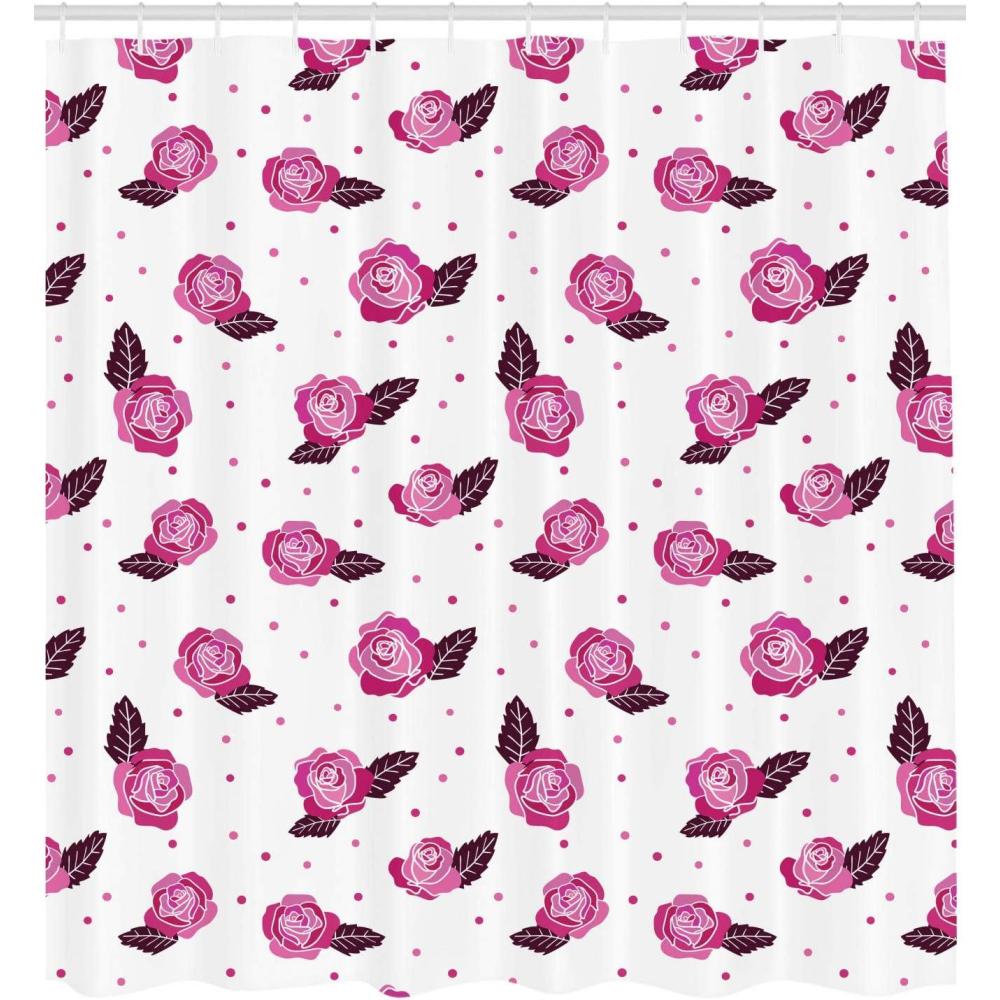 imageAmbesonne Romantic Shower Curtain Floral Theme Rose Motifs with Dots and Leaves Natural Art Cloth Fabric Bathroom Decor Set with Hooks 69 W x 70 L Pink Dark Magenta and Dark Fuchsia