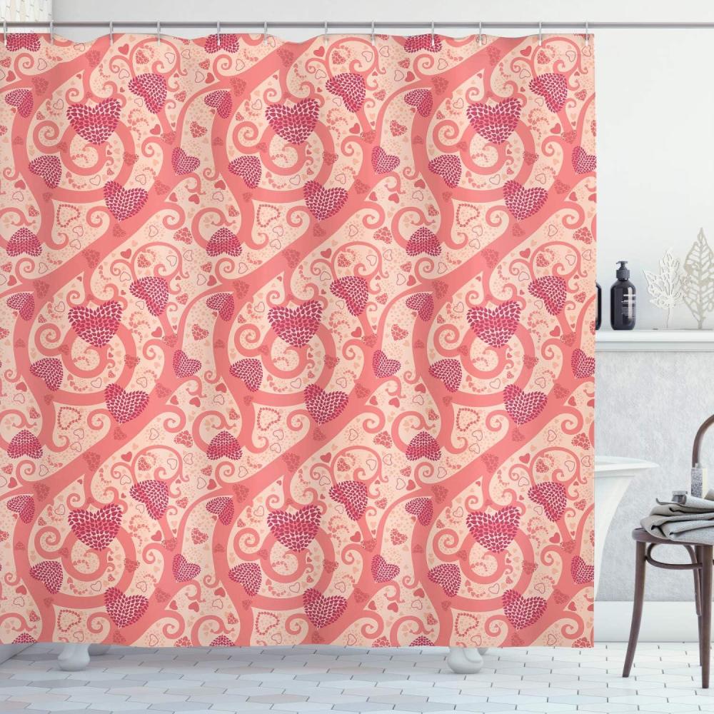 imageAmbesonne Romantic Shower Curtain Flowers Hearts Valentines Celebration Birthday Lovers Twiggy Branches Cloth Fabric Bathroom Decor Set with Hooks 69 W x 84 L Coral Pale Peach Pink