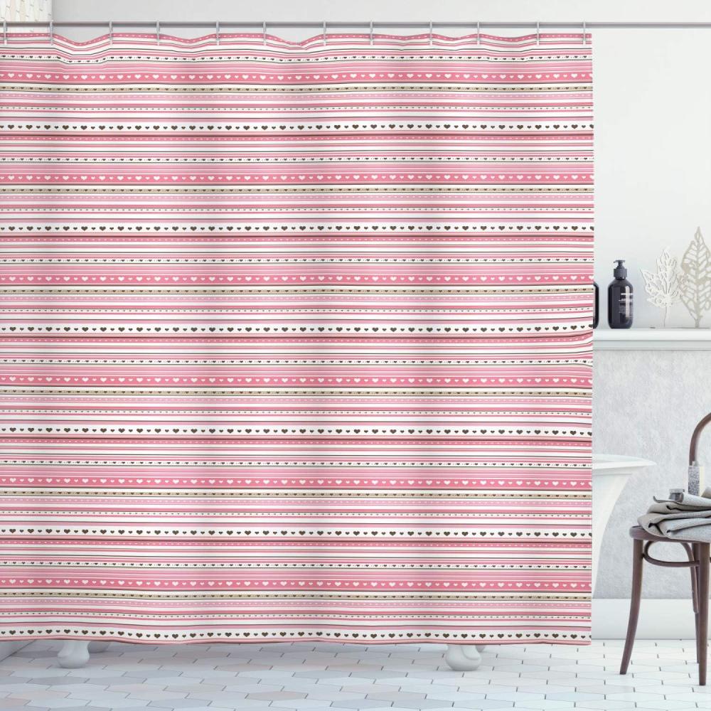 imageAmbesonne Romantic Shower Curtain Horizontal Striped Pattern with Hearts and Dots Feminine Modern Cloth Fabric Bathroom Decor Set with Hooks 69 W x 84 L Pale Pink Dark Brown Tan