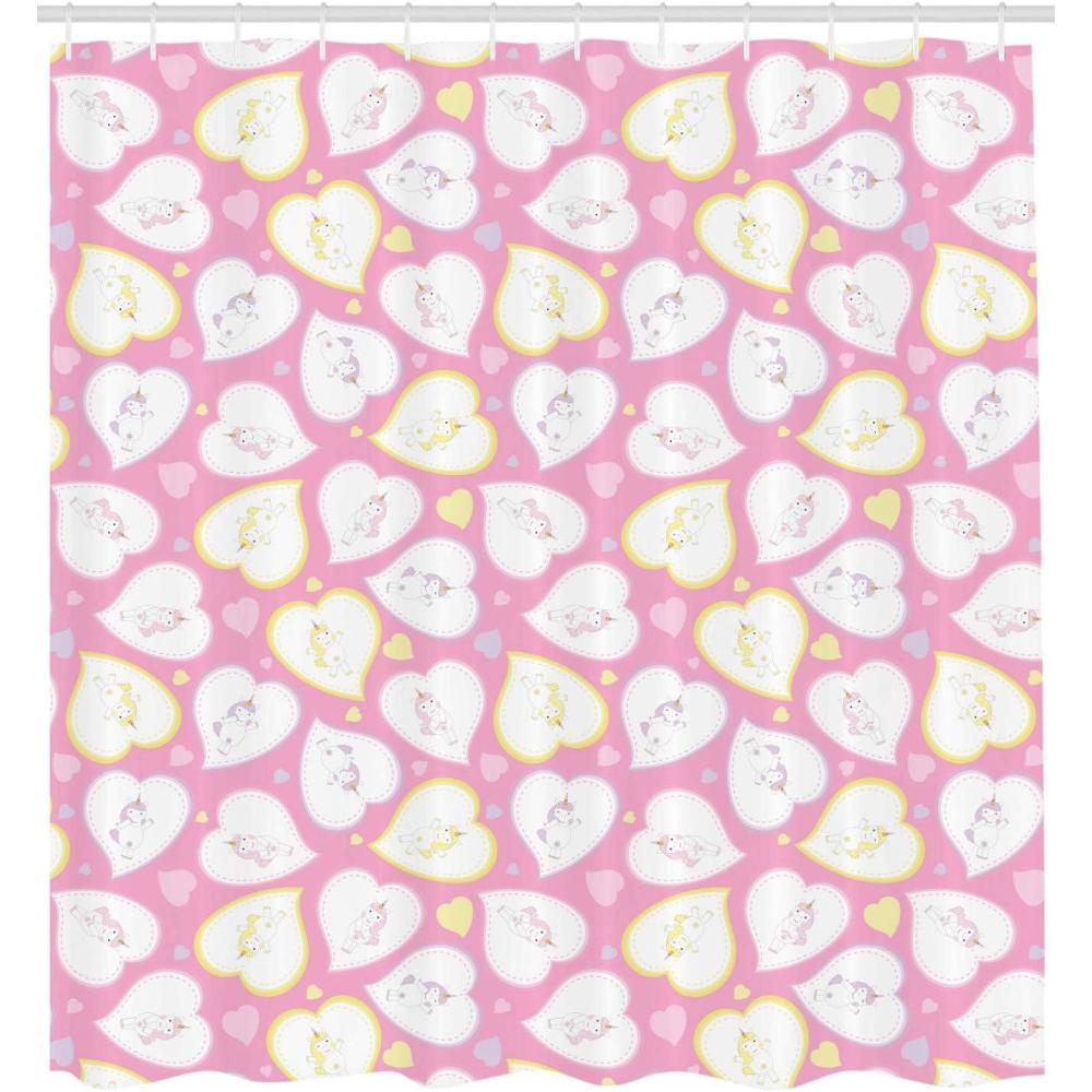imageAmbesonne Romantic Shower Curtain Love Theme Unicorns in Hearts for Valentines Day Cloth Fabric Bathroom Decor Set with Hooks Pale Pink Pastel Yellow Pale Mauve