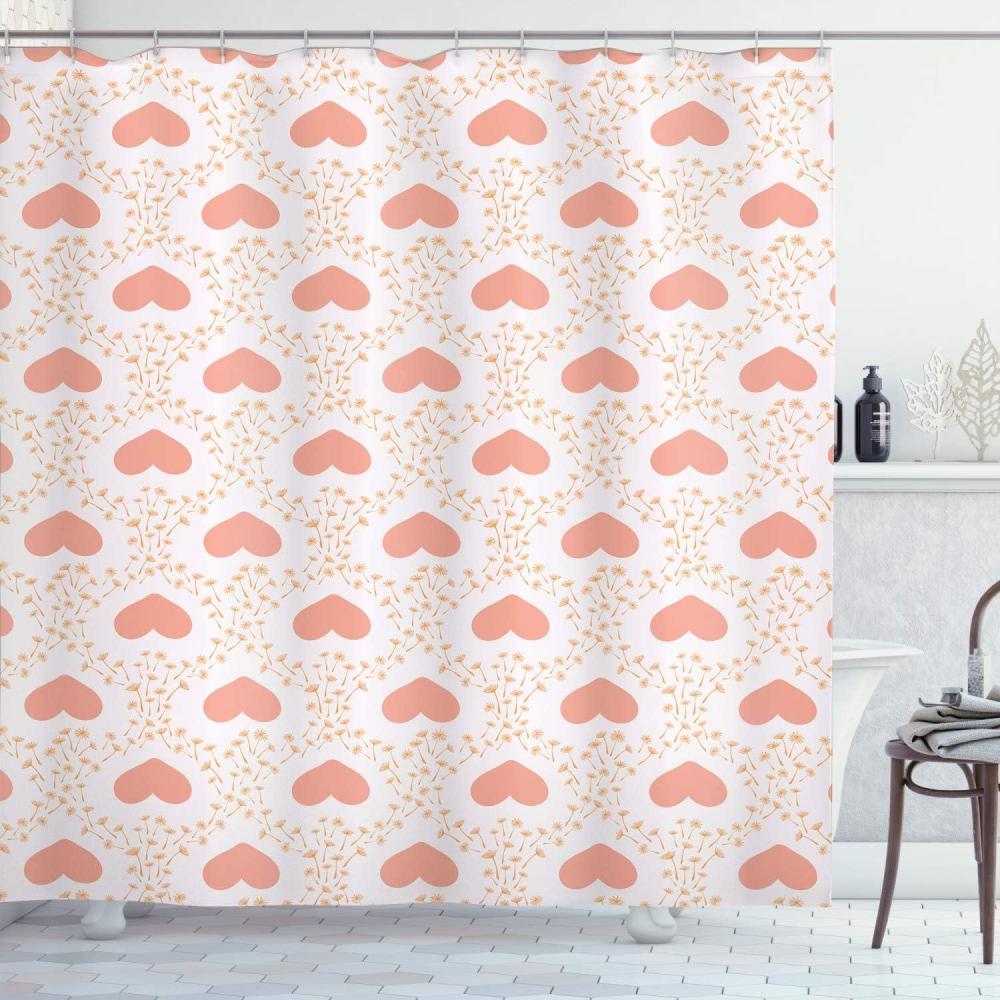 imageAmbesonne Romantic Shower Curtain Pastel Nature Romance Art with Hearts and Dandelion Repetition Cloth Fabric Bathroom Decor Set with Hooks 69 W x 84 L Salmon Pale Pink