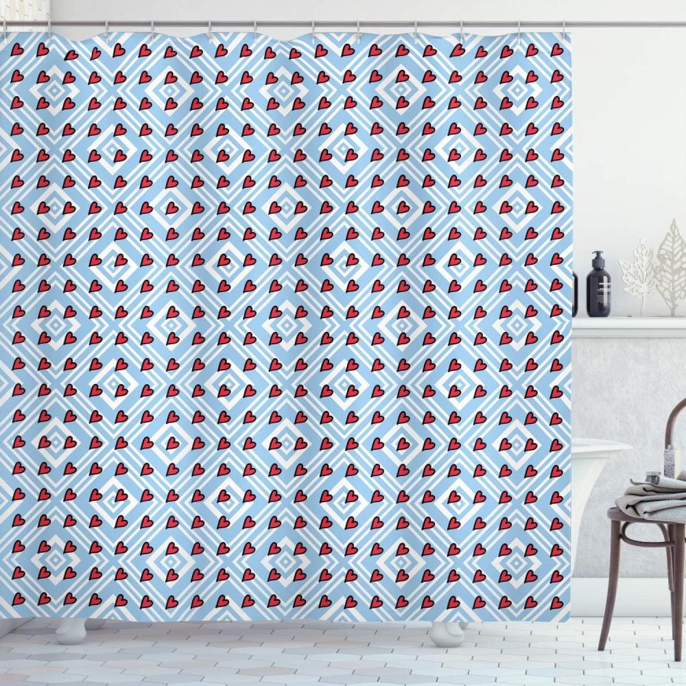 imageAmbesonne Romantic Shower Curtain Pattern with Hearts on Pastel Colored Rhombus Bohemian Composition Cloth Fabric Bathroom Decor Set with Hooks 69 W x 84 L Pale Blue Ruby White