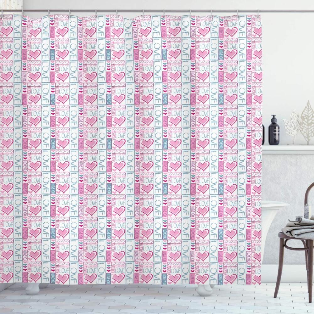 imageAmbesonne Romantic Shower Curtain Valentines Day Love You Calligraphy with Hearts Pastel Colored Design Cloth Fabric Bathroom Decor Set with Hooks 69 W x 70 L Pale Pink Teal