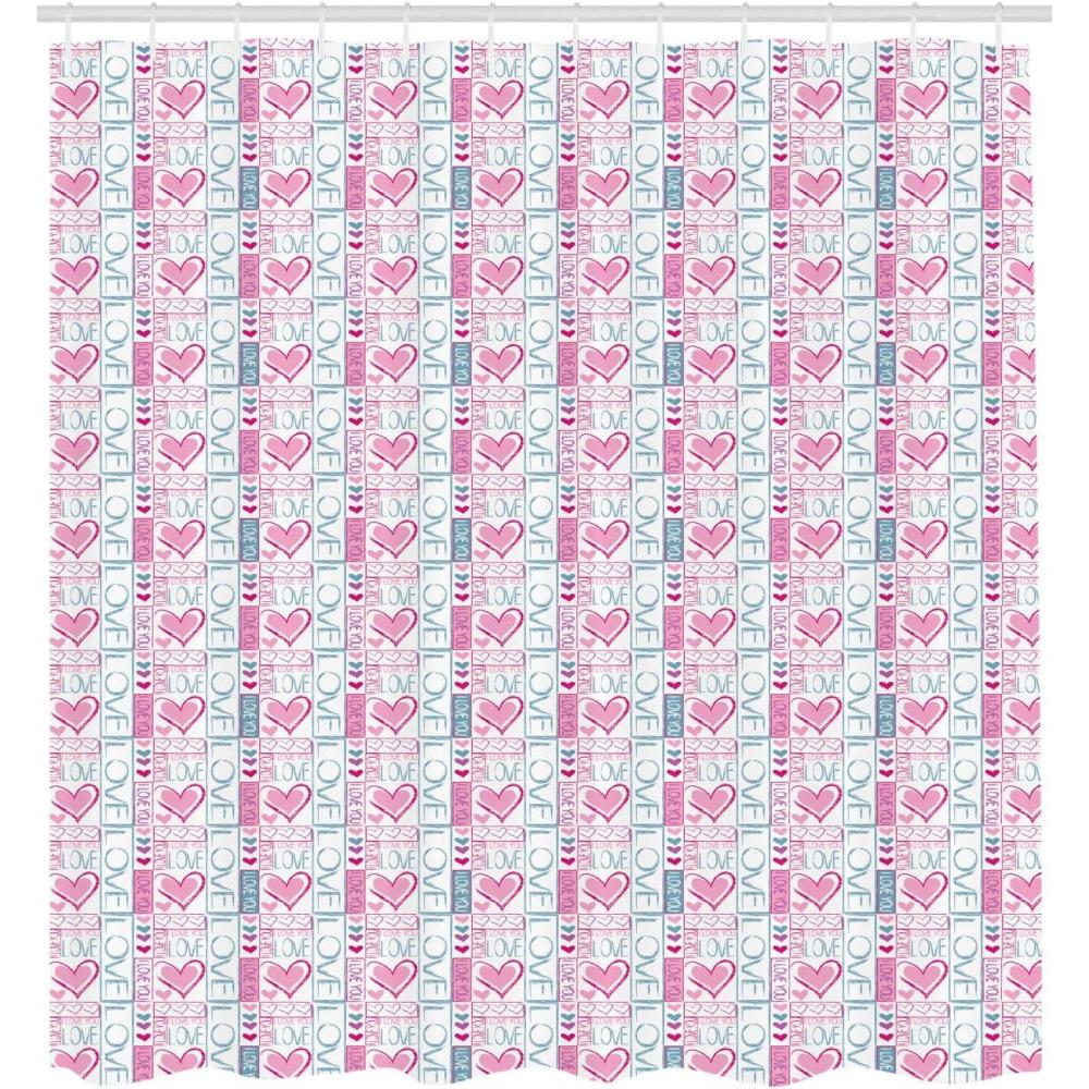 imageAmbesonne Romantic Shower Curtain Valentines Day Love You Calligraphy with Hearts Pastel Colored Design Cloth Fabric Bathroom Decor Set with Hooks Pale Pink Teal