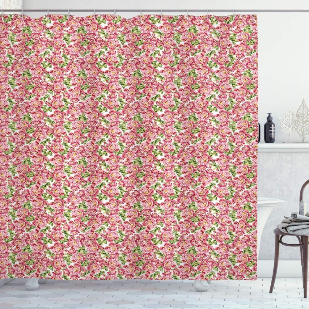 imageAmbesonne Romantic Shower Curtain Vintage Inspired Peonies with Fresh Vibrant Spring Season Foliage Leaves Cloth Fabric Bathroom Decor Set with Hooks 69 W x 84 L Pale Pink Fern Green