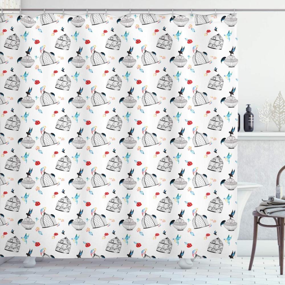 imageAmbesonne Romantic Shower Curtain Vintage Pattern with Watercolor Birds and Roses Cages Cloth Fabric Bathroom Decor Set with Hooks 69 W x 75 L Charcoal Grey and Multicolor