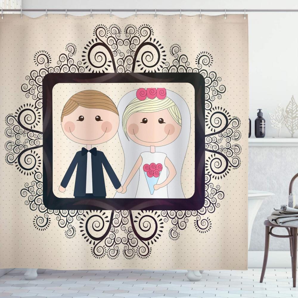 imageAmbesonne Romantic Shower Curtain Wedding Photography Illustration with Happy Bride and Groom Swirled Lines Backdrop Cloth Fabric Bathroom Decor Set with Hooks 69 W x 70 L Multicolor