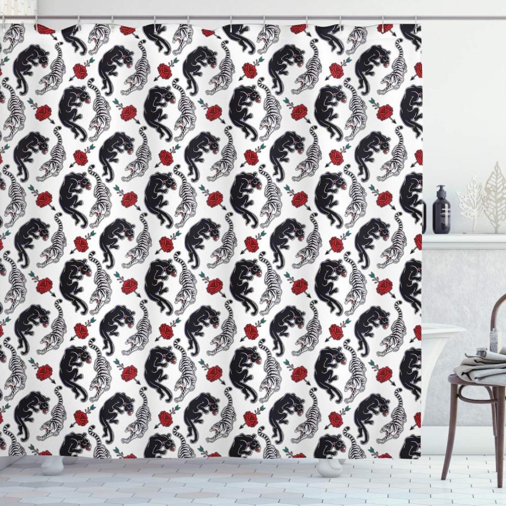 imageAmbesonne Romantic Shower Curtain Wild Cats Passion Theme Lovers Valentines Rose Petals Arrows Eros Cloth Fabric Bathroom Decor Set with Hooks 69 W x 75 L Black Pale Grey Vermilion