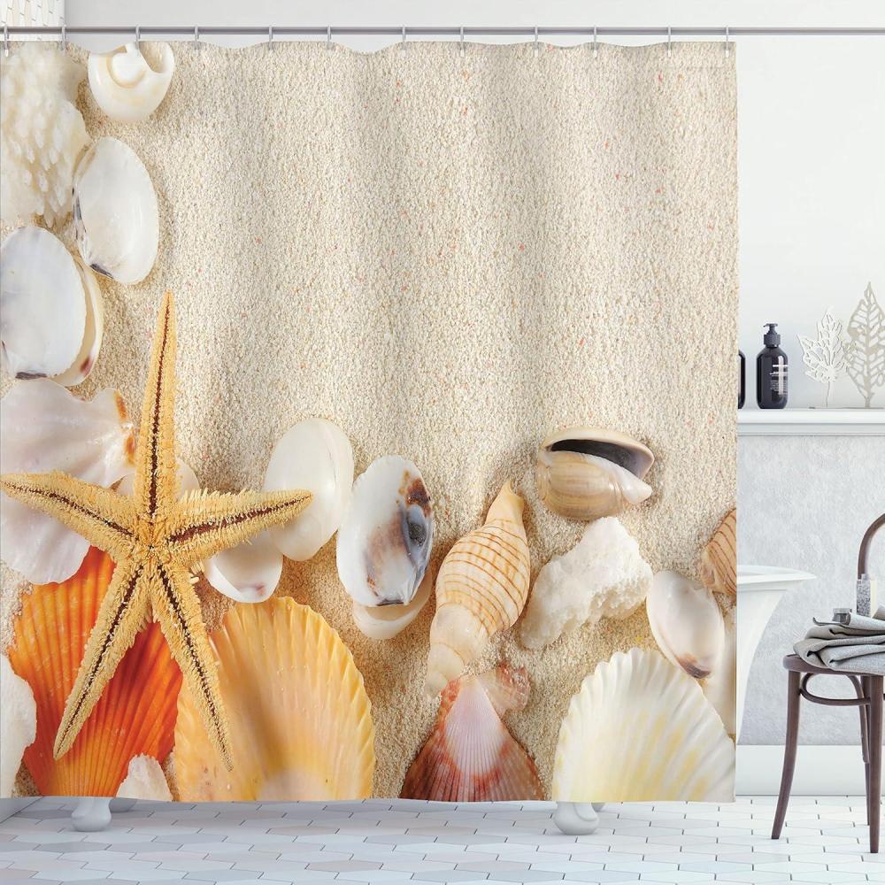 imageAmbesonne Seashells Shower Curtain Group of Seashells Starfish on The Sand Romantic Travel Destination Nature Cloth Fabric Bathroom Decor Set with Hooks 69 W x 70 L Beige Ivory Cream