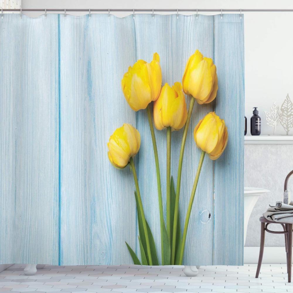 imageAmbesonne Tulip Shower Curtain Yellow Flowers on Old Wooden Rustic Background Valentines Romantic Theme Cloth Fabric Bathroom Decor Set with Hooks 69 W x 75 L Yellow Green Pale Blue
