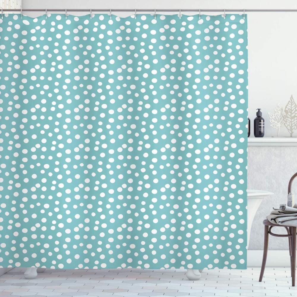 imageAmbesonne Turquoise Shower Curtain Retro Vintage 60s 50s Inspired Geometric Polka Dots Romantic Art Print Cloth Fabric Bathroom Decor Set with Hooks 69 W x 75 L White and Pale Blue